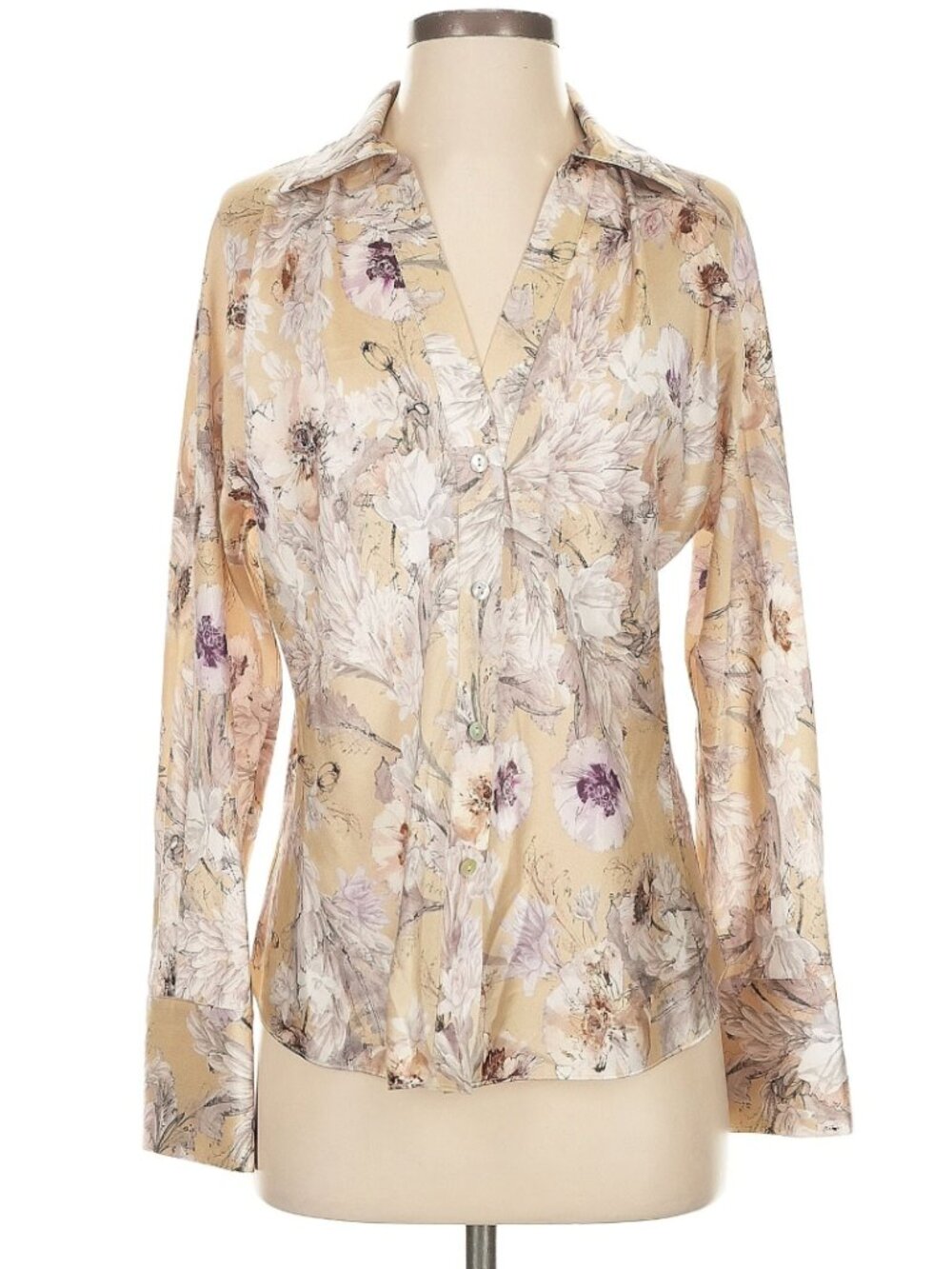 Vince 100% Silk Blouse Sand Wild Flowers Print Cream Floral Button Down Size S